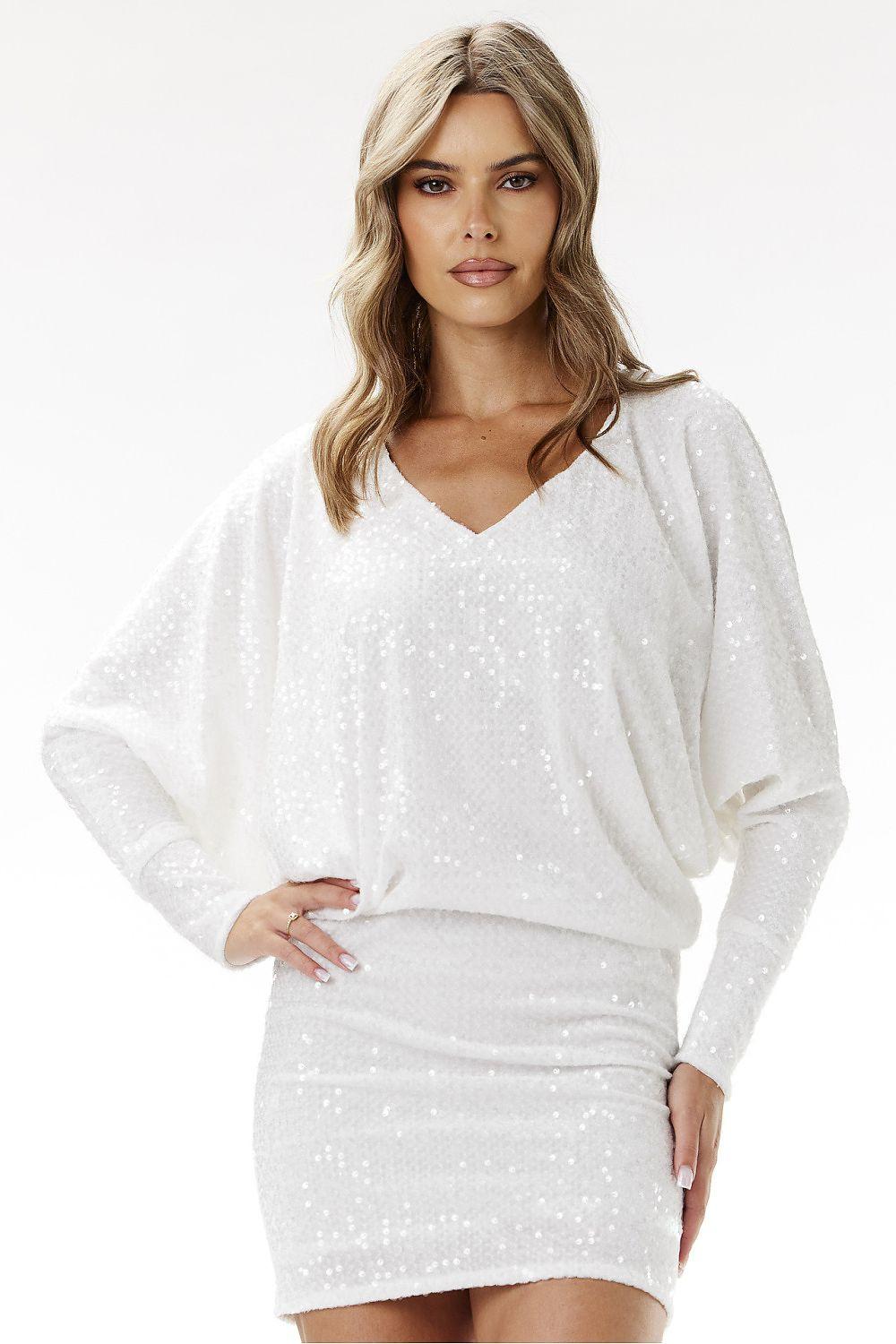 White sequin evening dress mini with long sleeves and V-neck, relaxed drape