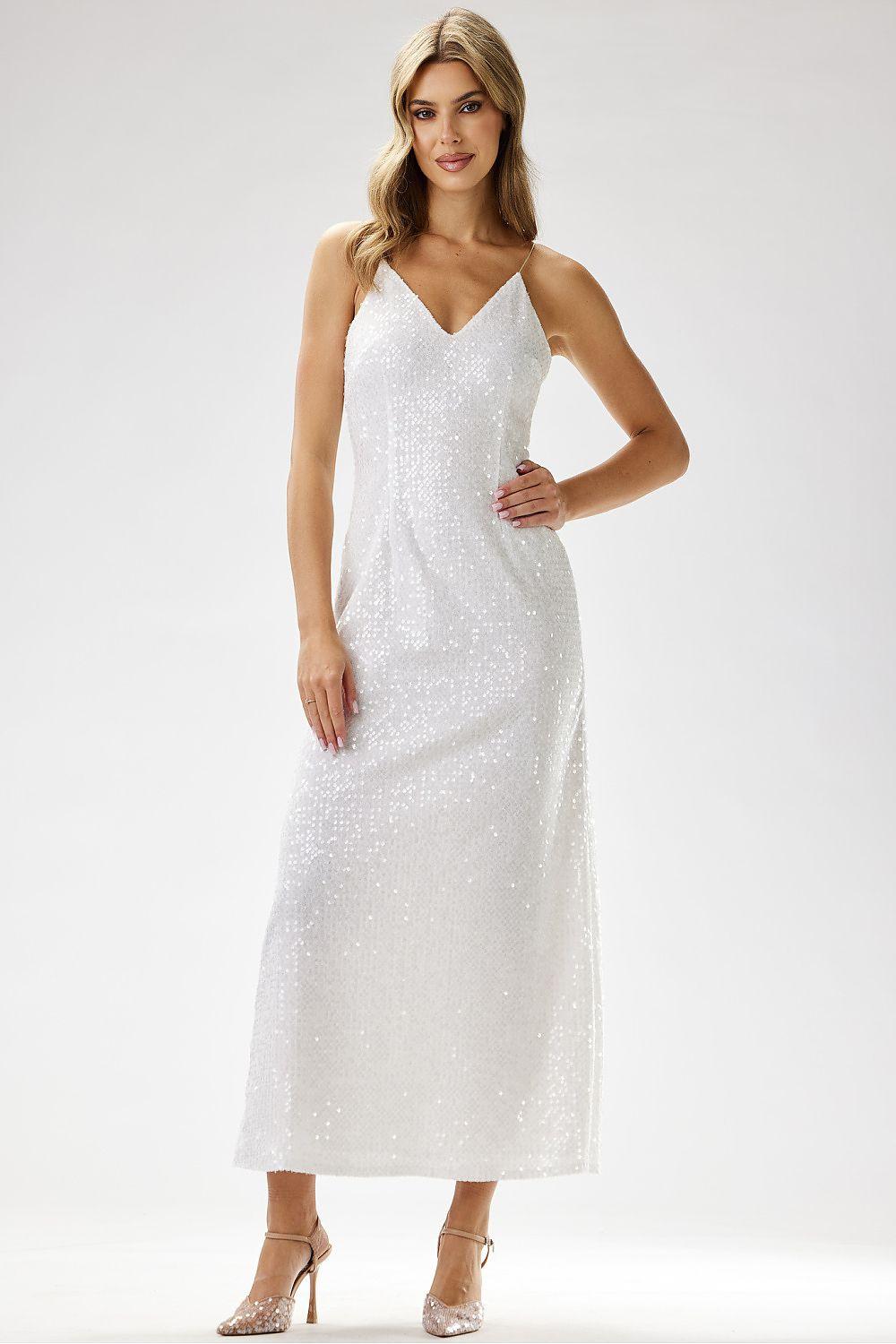White V-neck sequin long dress with spaghetti straps and fitted waist