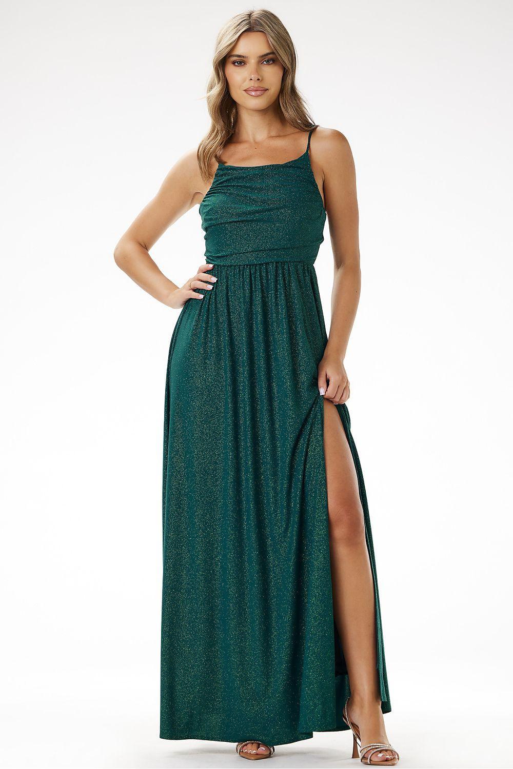 Green long dress with thin straps, ruched bodice and gathered waist, side slit