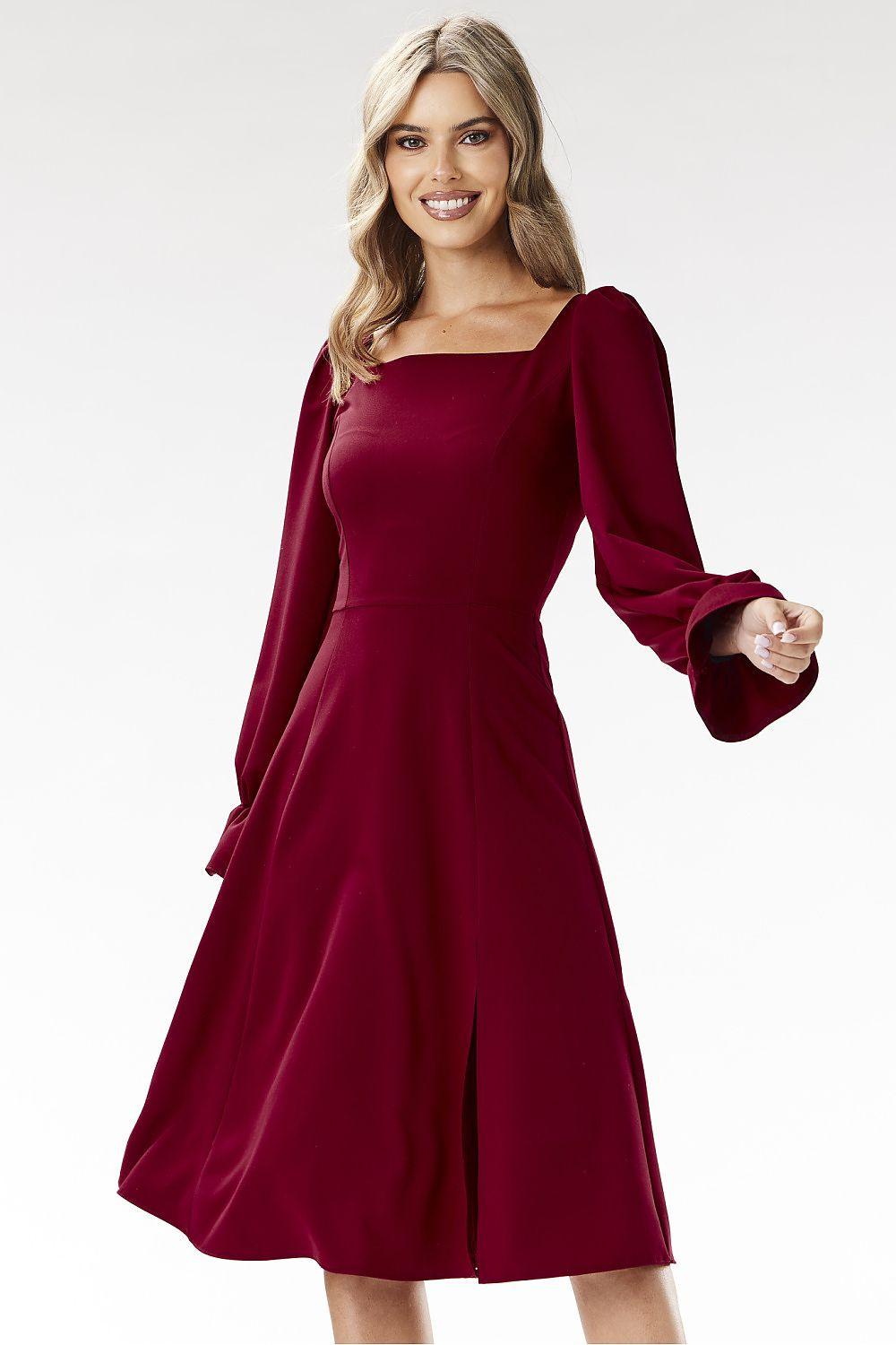Red cocktail dress with square neckline, long puff sleeves, flared midi skirt