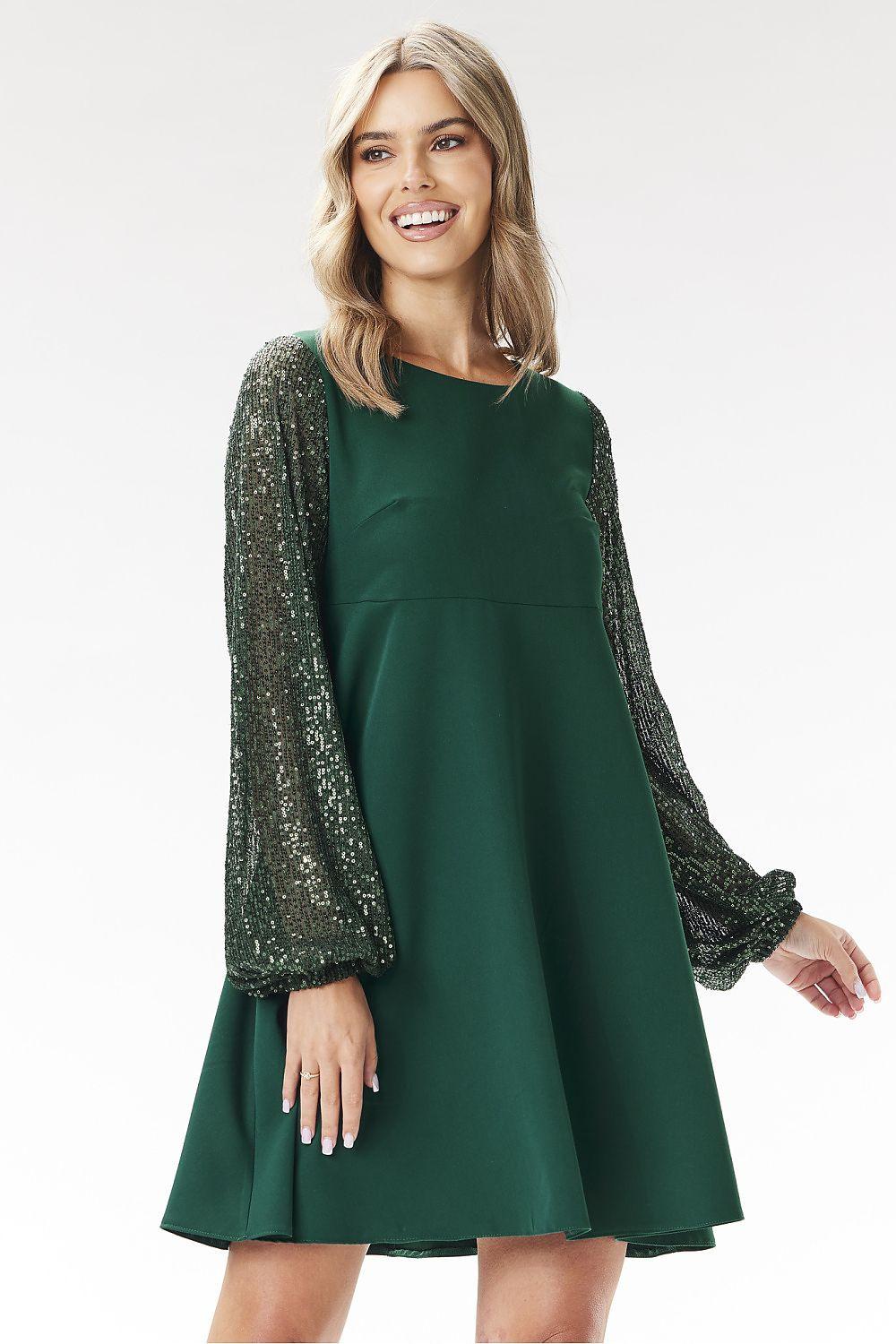Green sequin-sleeve evening dress with swing skirt and fitted bodice