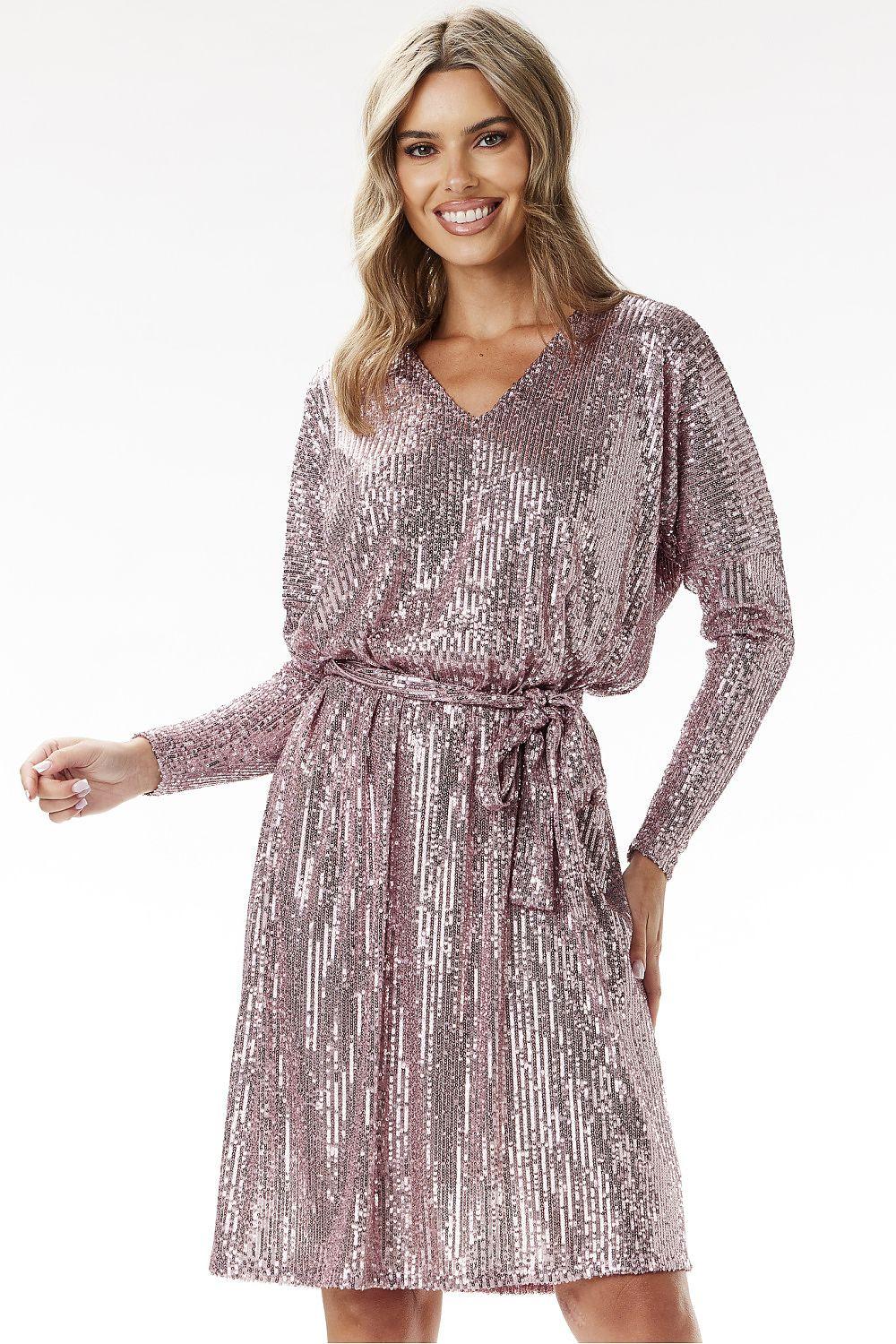 Sequined evening dress, mauve-pink V-neck with long sleeves and tie waist
