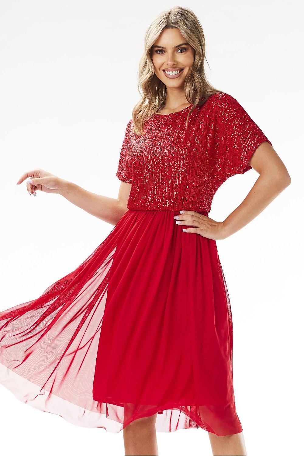 Red sequined evening dress with short sleeves and flowing midi skirt with layered tulle hem