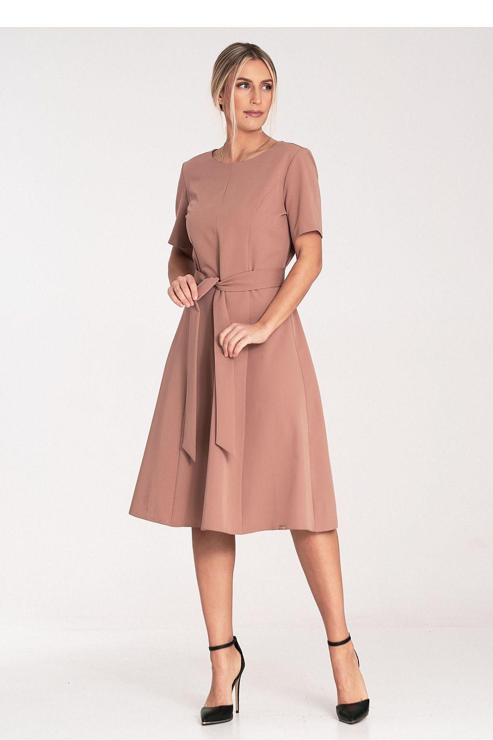 Mauve midi day dress with waist tie, short sleeves, midi length skirt
