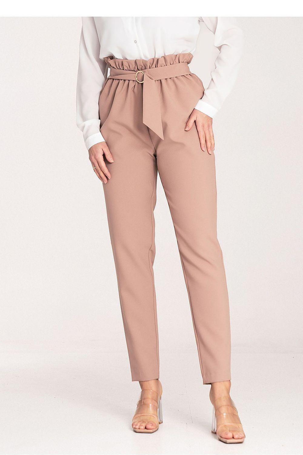 Women’s beige trousers with elastic waist and tie belt, tapered ankle length