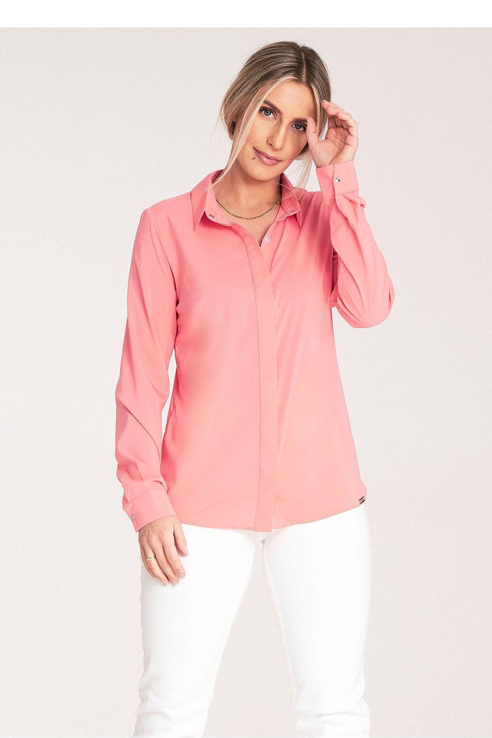 Pink long sleeve button-up shirt with pointed collar and button cuffs