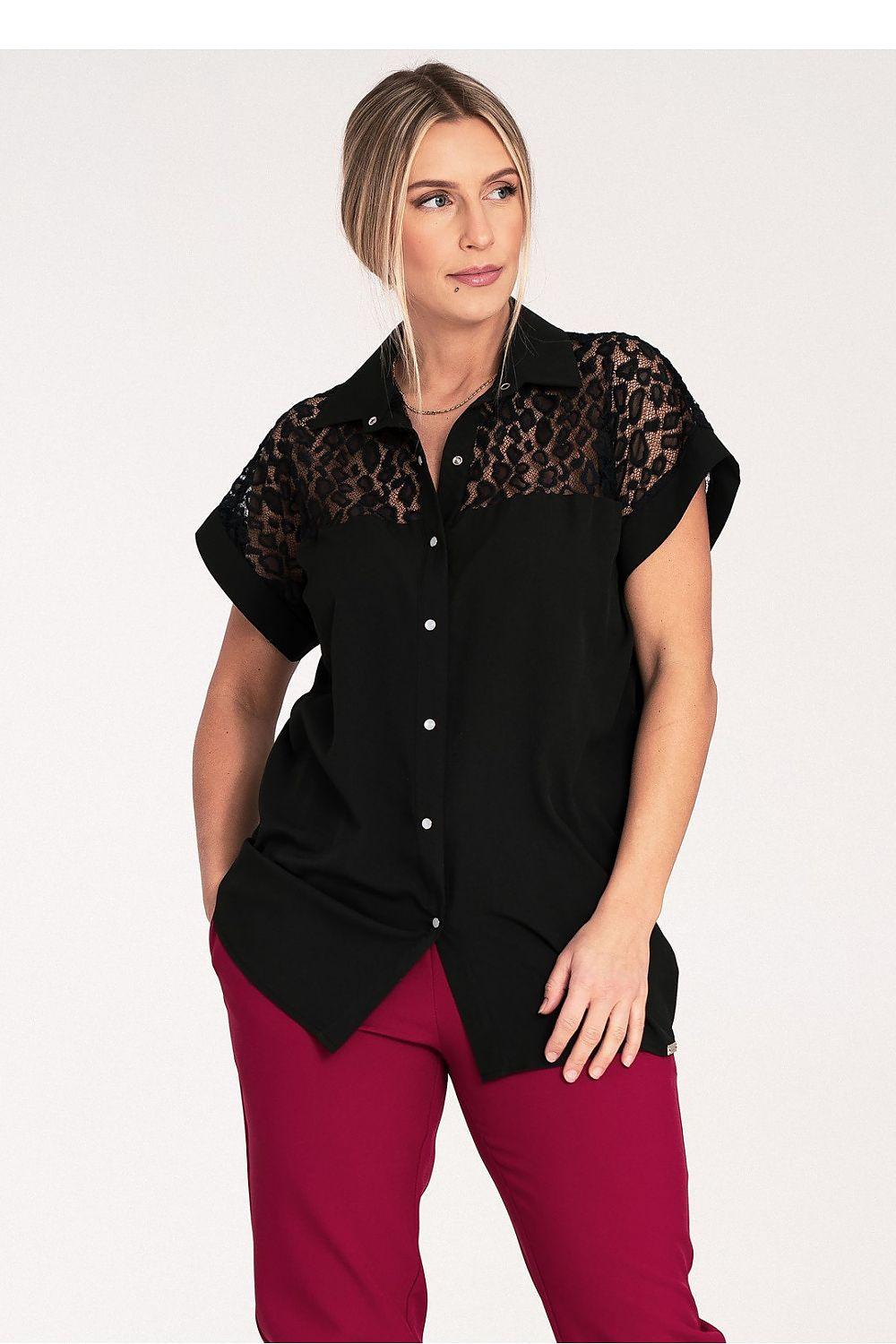 Figl black short-sleeve shirt with leopard-pattern yoke and button front