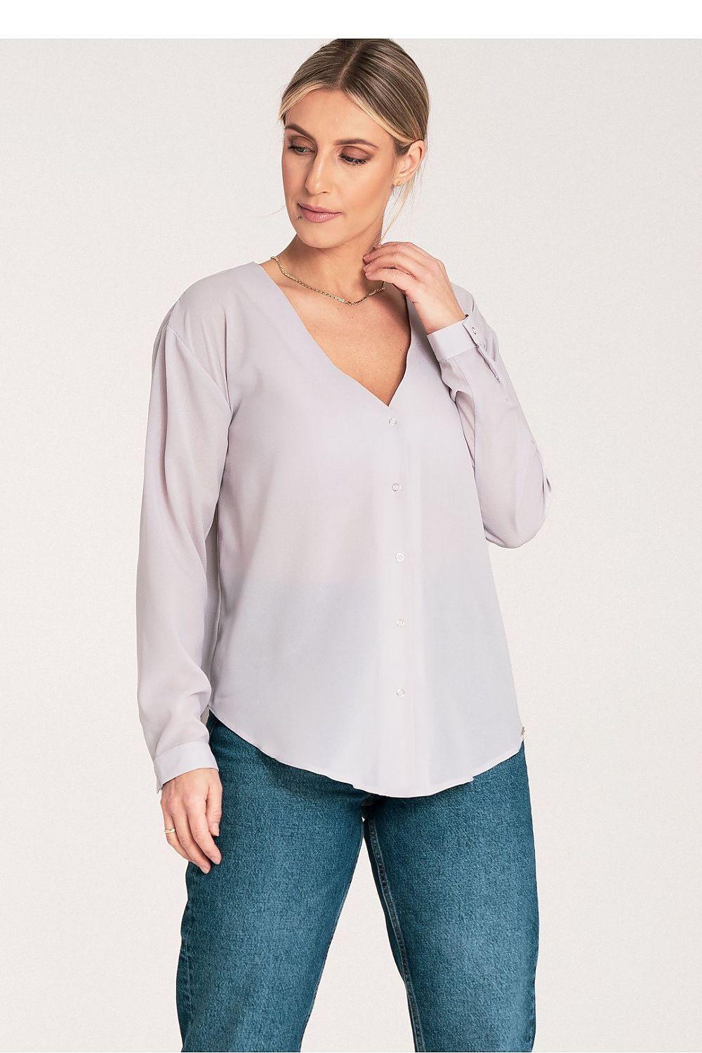 Figl long-sleeve shirt, light grey V-neck with button front and long sleeves