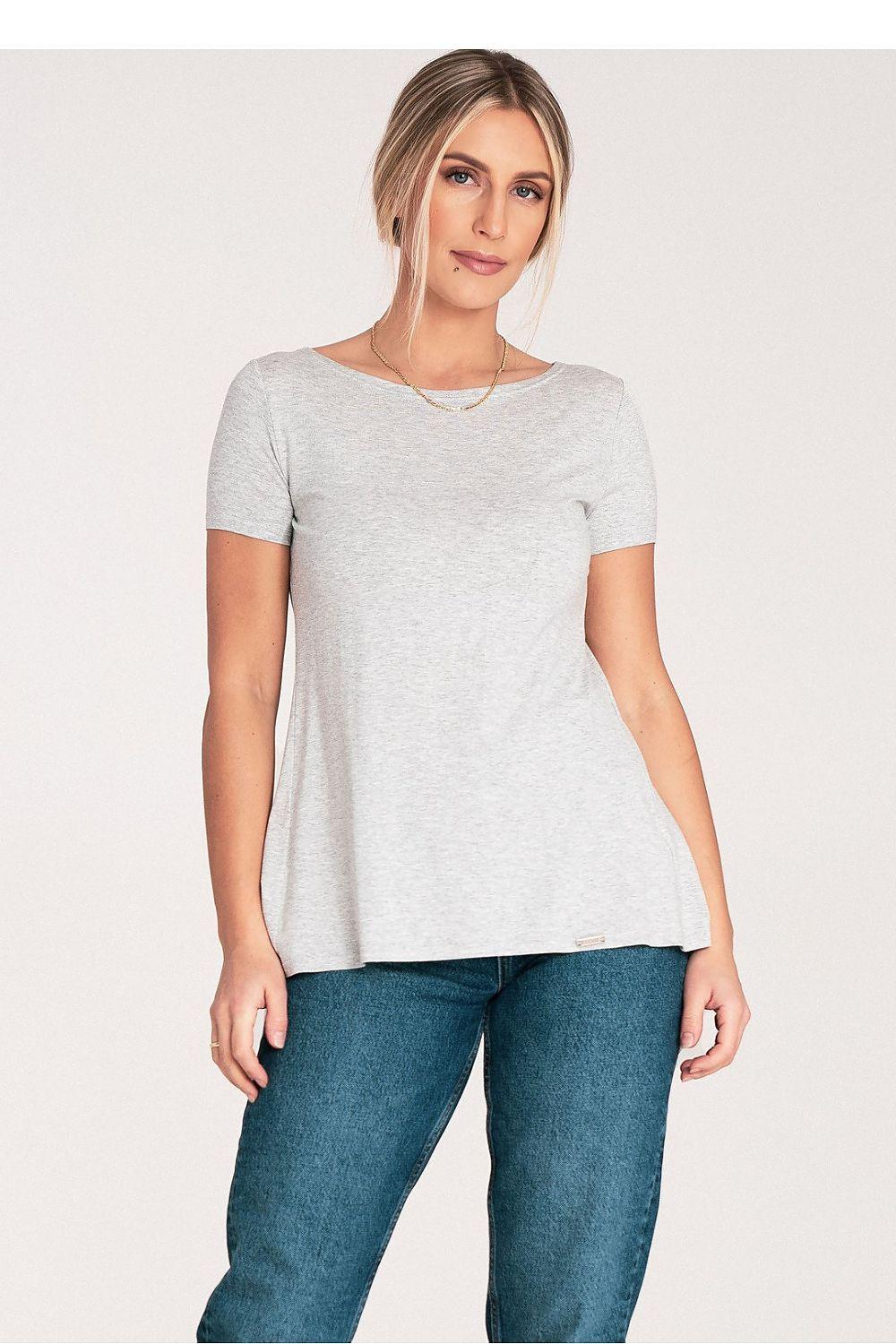 Grey Figl blouse with short sleeves and round neckline, gently flared hem