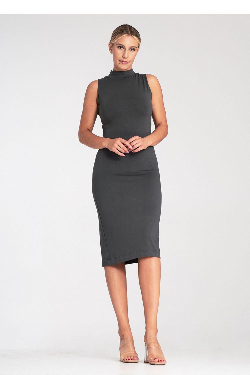 Figl sleeveless fitted day dress with high neck, dark; hands clasped in front