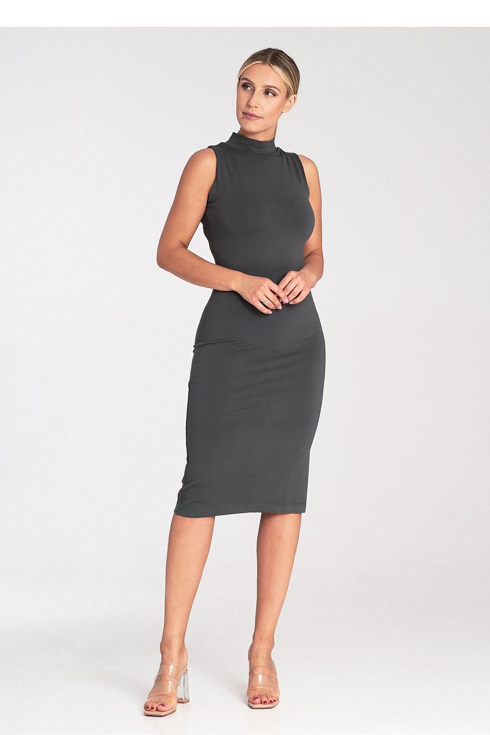 Figl sleeveless fitted day dress with high neck, dark; front view