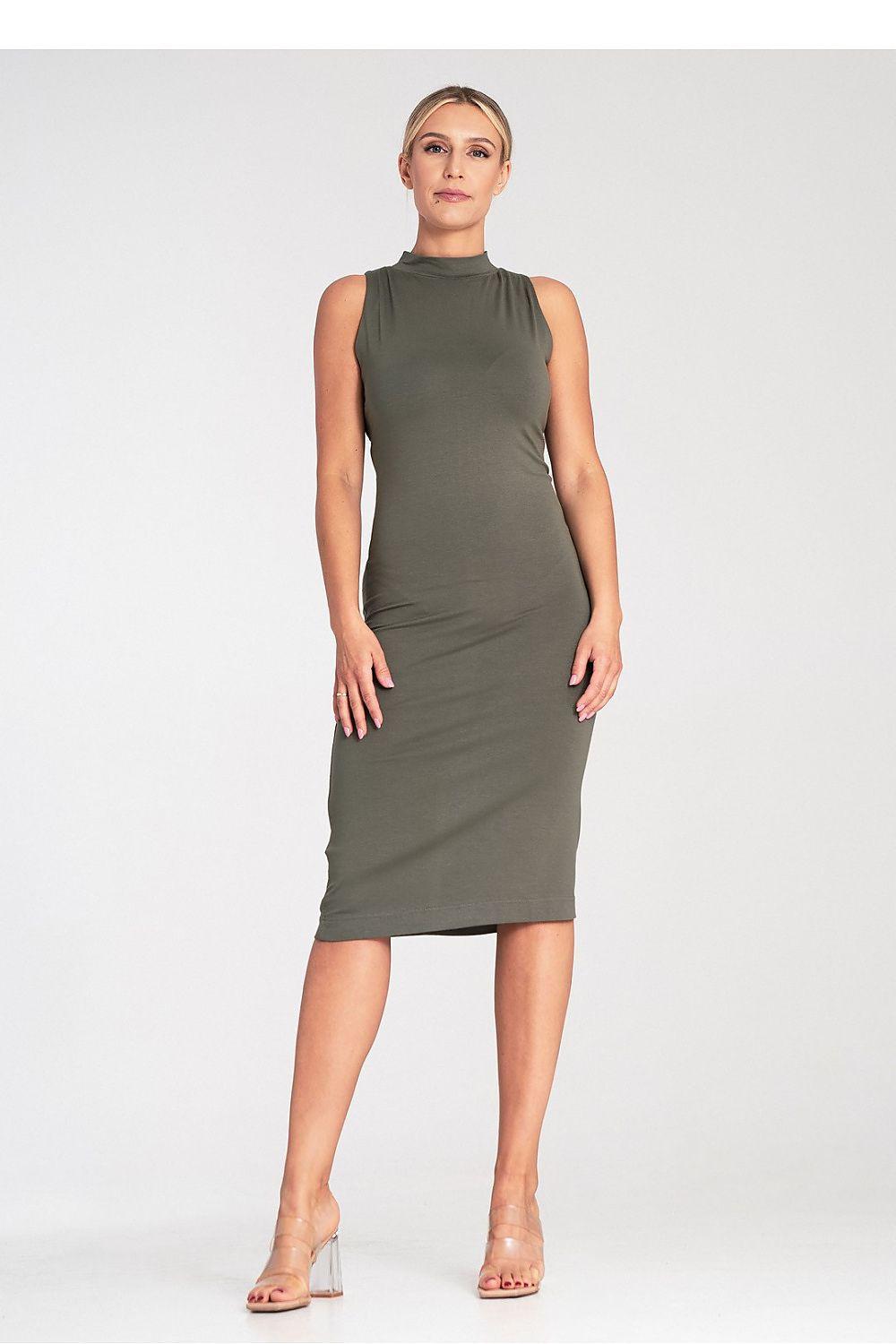 Figl sleeveless fitted day dress with high neck, green