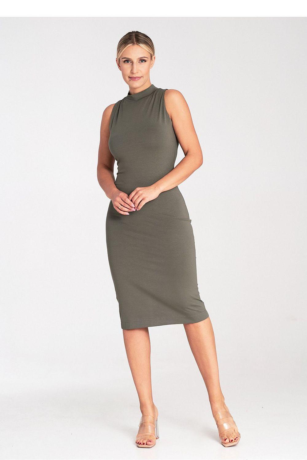 Figl sleeveless fitted day dress with high neck, green; front view