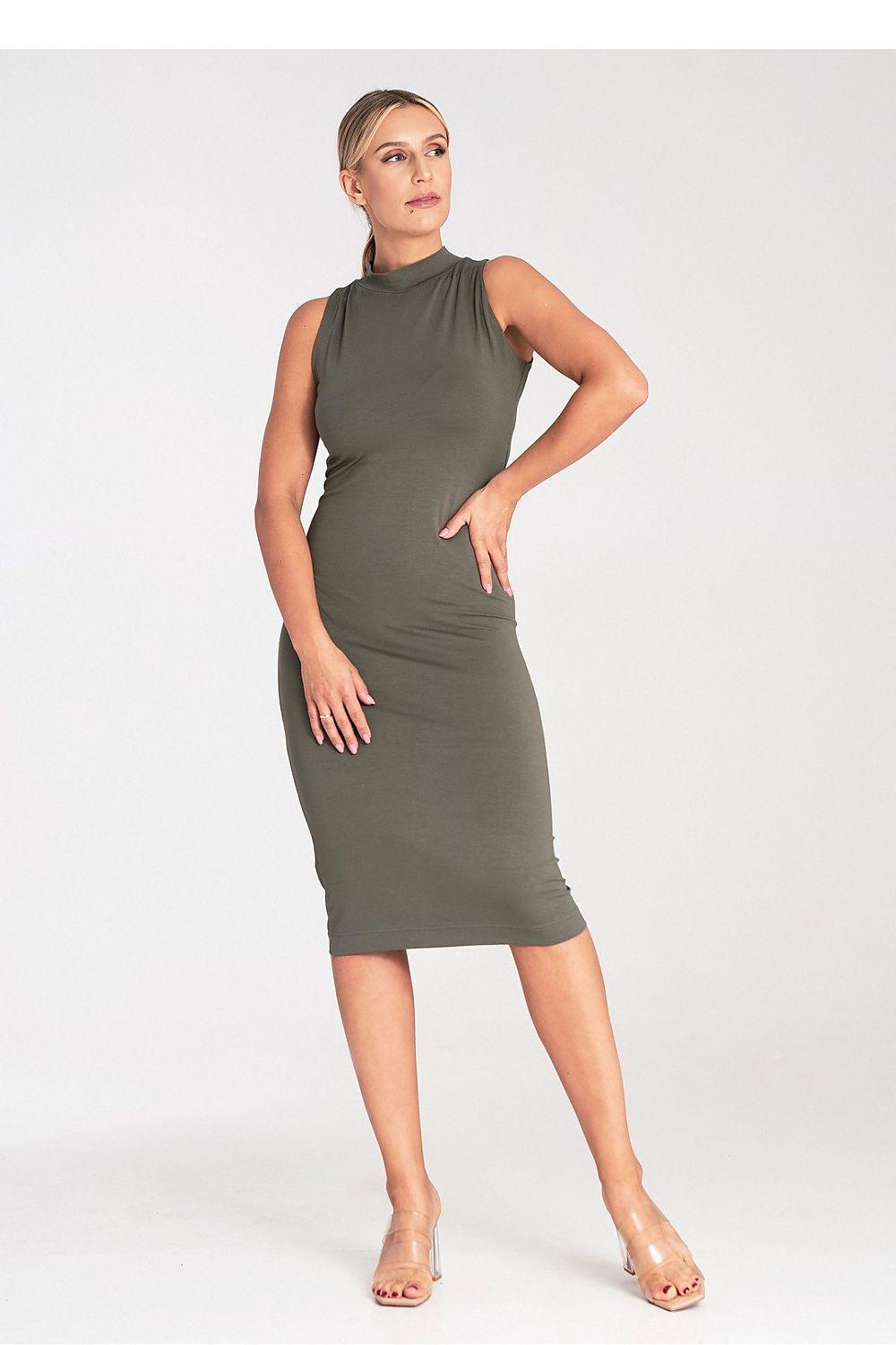 Figl sleeveless fitted day dress with high neck, green; side pose