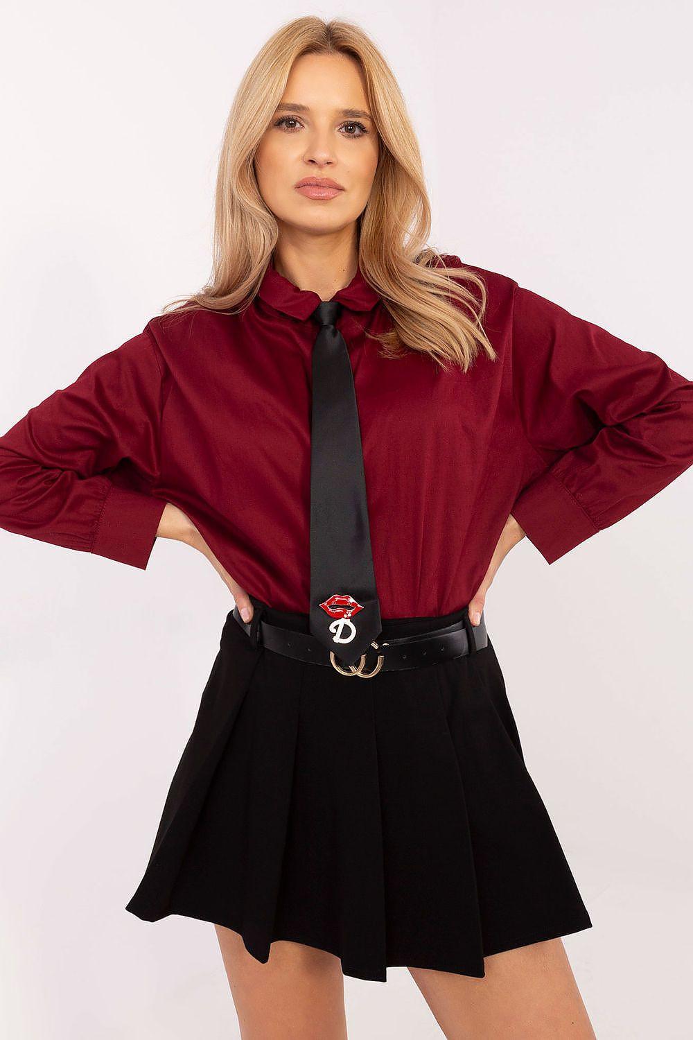 Red long sleeve button-up shirt with pointed collar and button cuffs