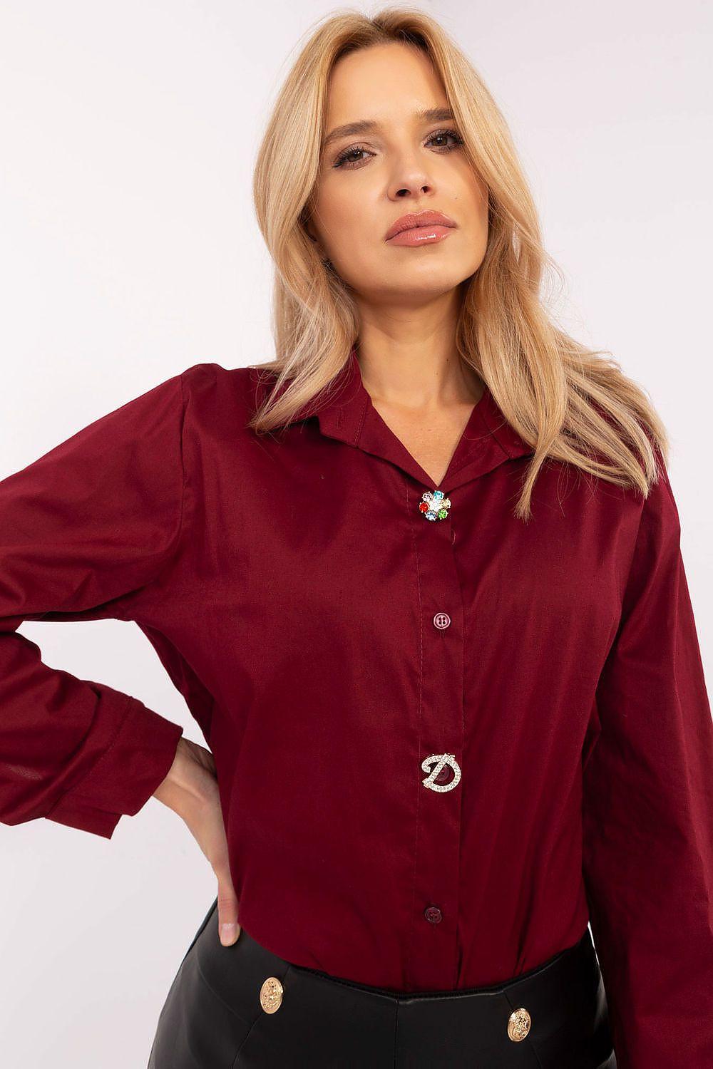 Red long sleeve button-up shirt with pointed collar and front placket