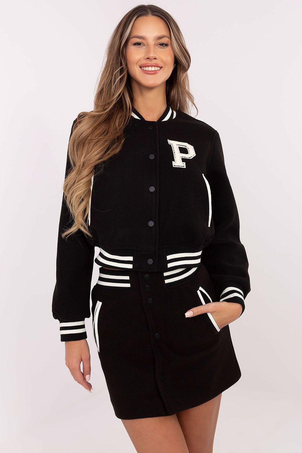 NM varsity set with black varsity jacket and matching skirt, white striped trim