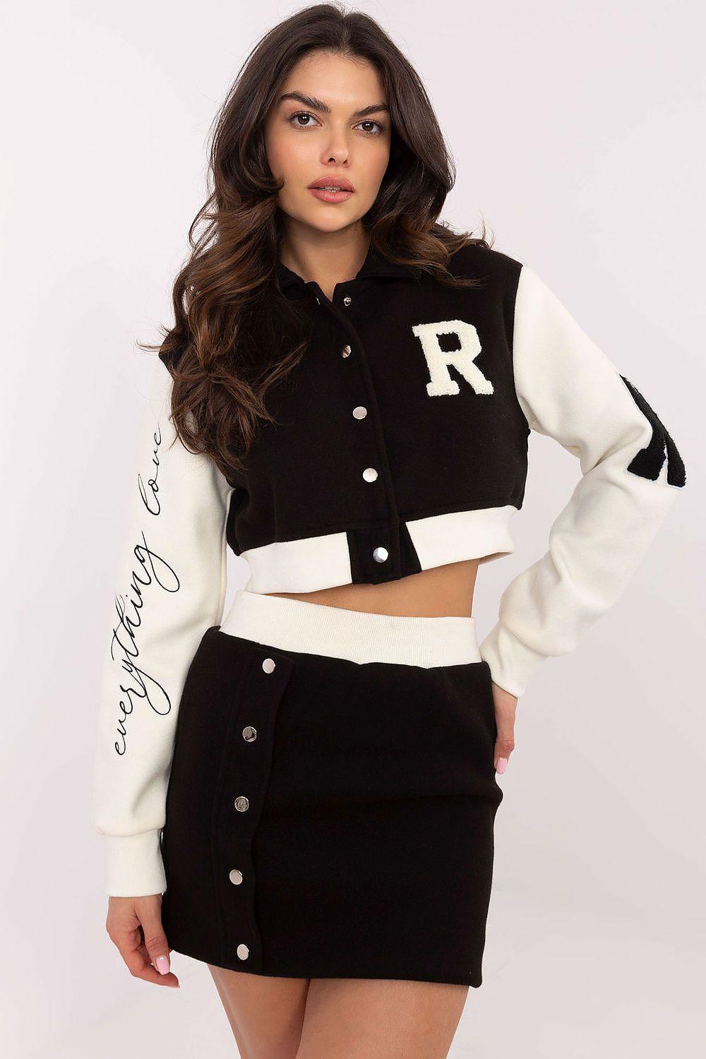 Black and beige two-piece set with button varsity cropped jacket and mini skirt