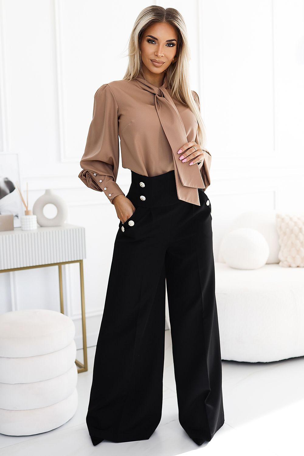 Black high-waist wide-leg trousers with side button details