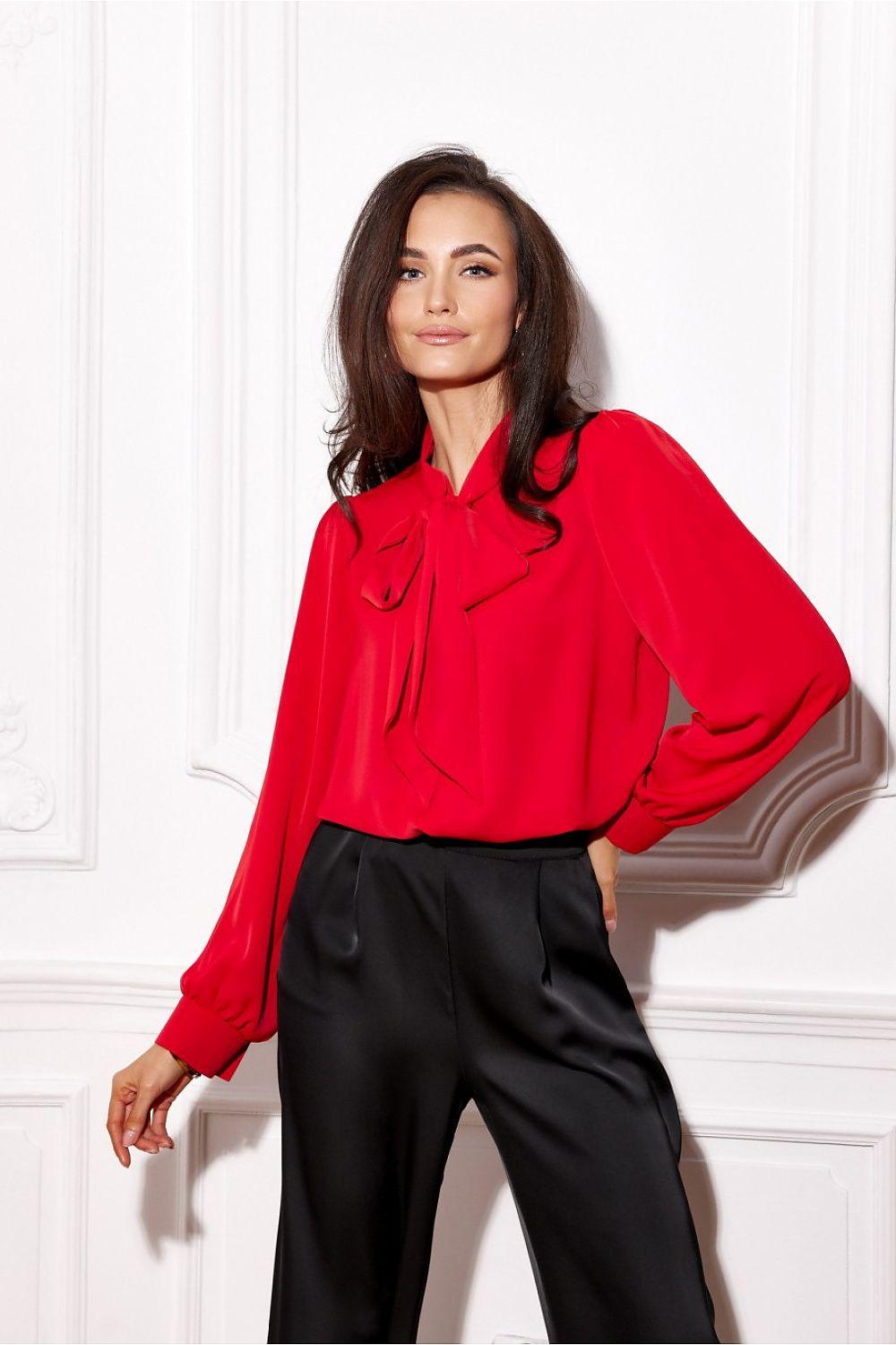 Red puff-sleeve blouse with bow tie detail, long sleeves