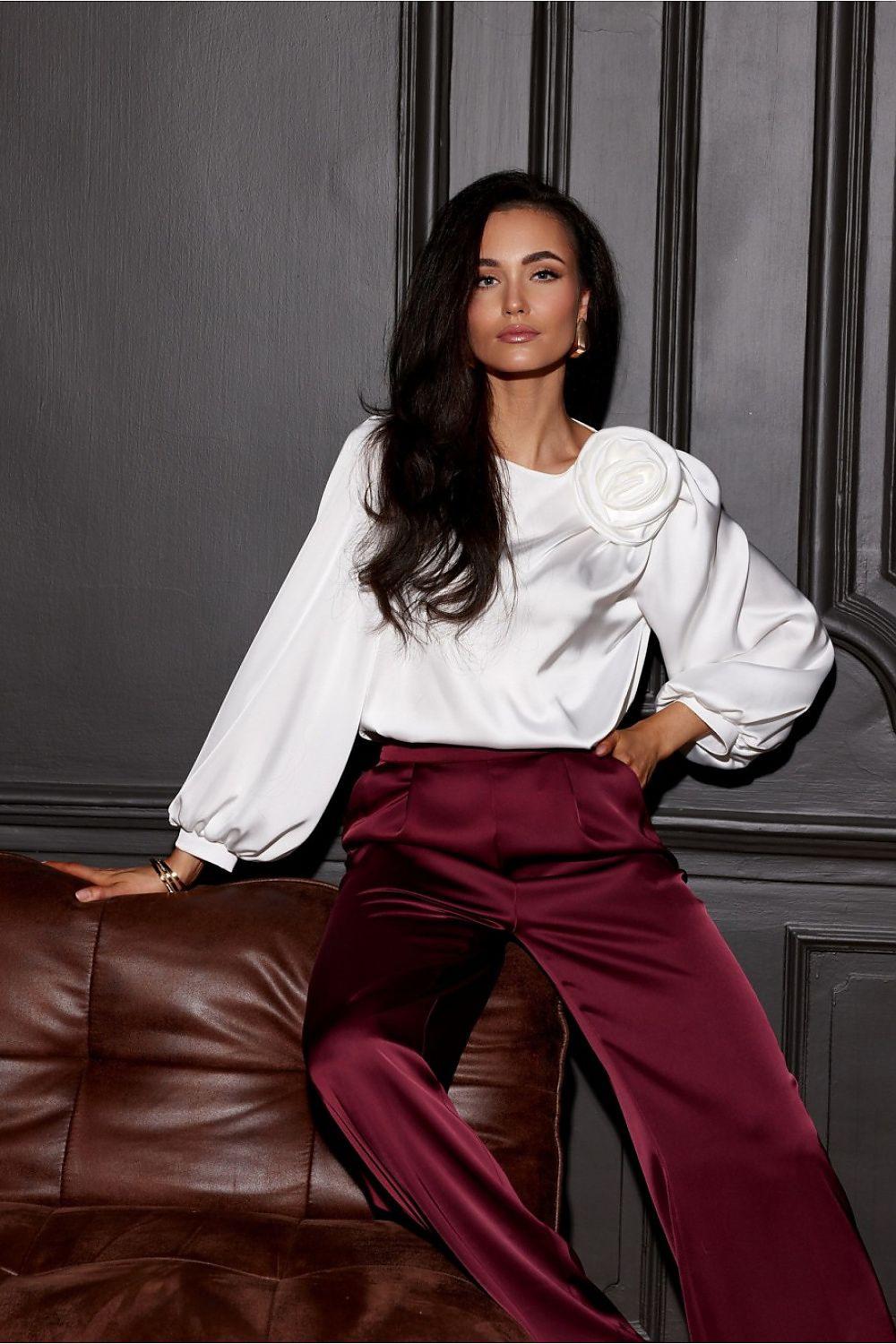 Satin blouse with rose detail and puff sleeves, white satin blouse