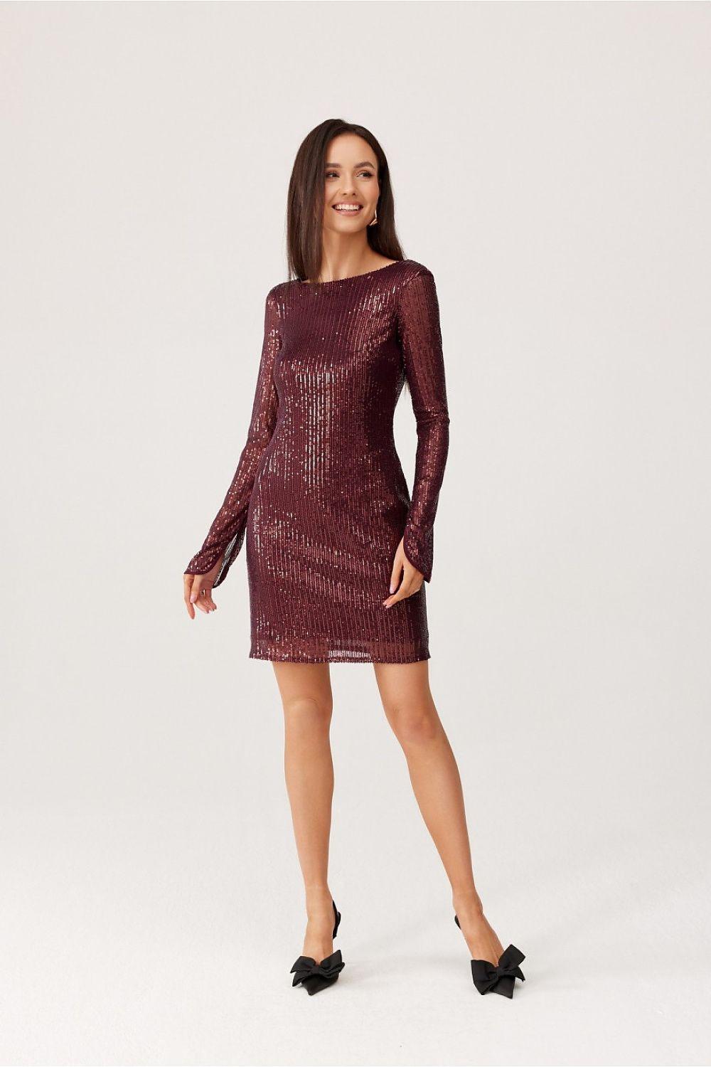 Burgundy sequin long-sleeve evening dress with fitted short hem