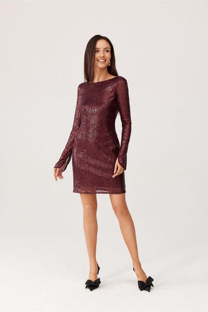 Burgundy sequin long-sleeve evening dress with fitted short hem