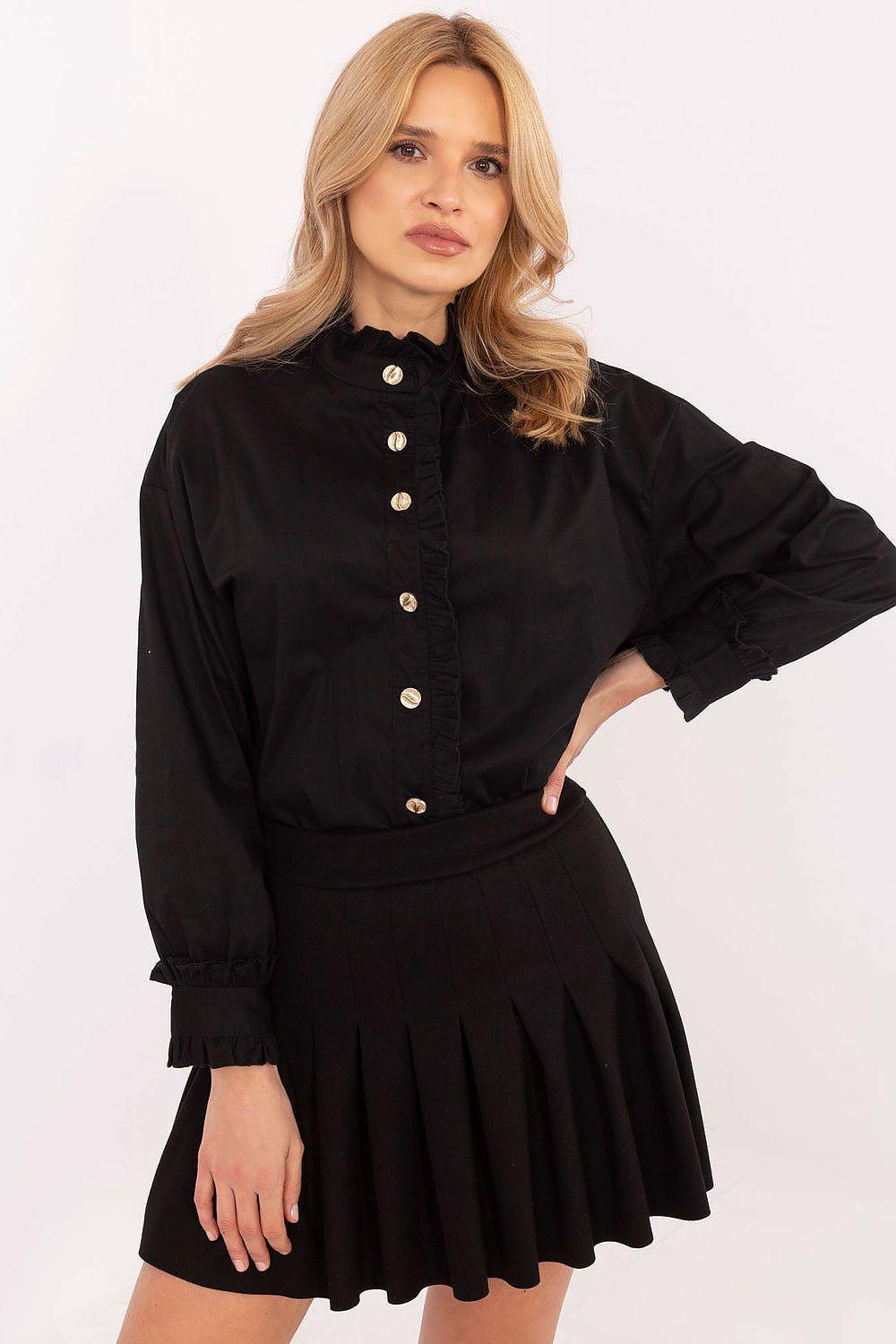 Black ruffle long-sleeve shirt with button front and puff sleeves, peplum hem