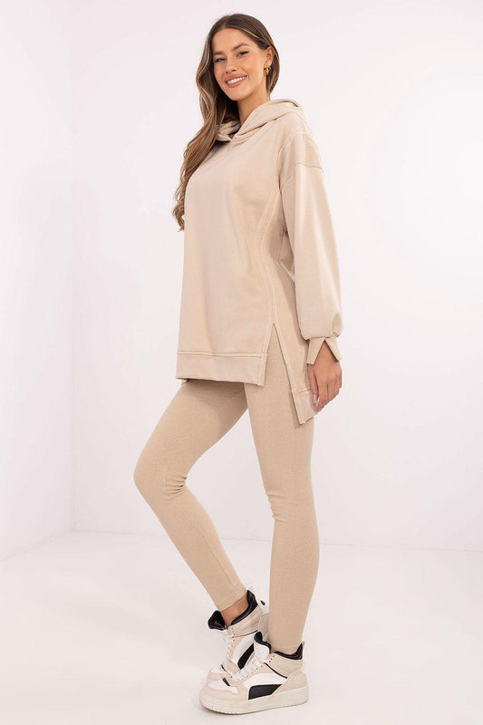 Beige pullover hoodie and matching slim leggings set with drawstring hood
