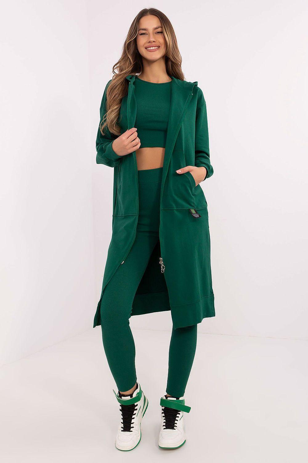 Women’s green long hooded jacket and leggings set with drawstring hood