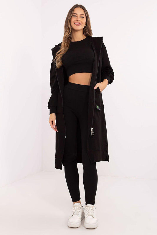 Black 3-piece womens loungewear set with long hooded coat, crop top, and leggings