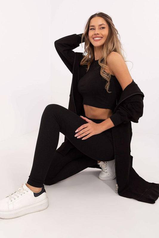 Black 3-piece womens loungewear set with long hooded coat, crop top, and leggings