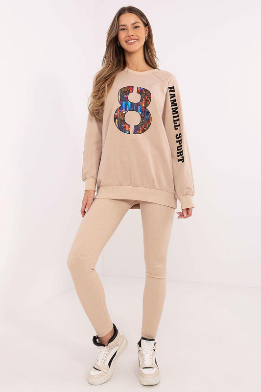 Beige sweatshirt and leggings set, long sleeves with multicolor graphic and matching pants