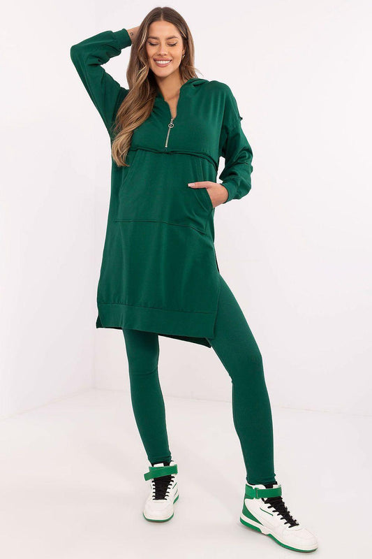 Green zip-hood tunic sweatshirt with leggings set, kangaroo pocket