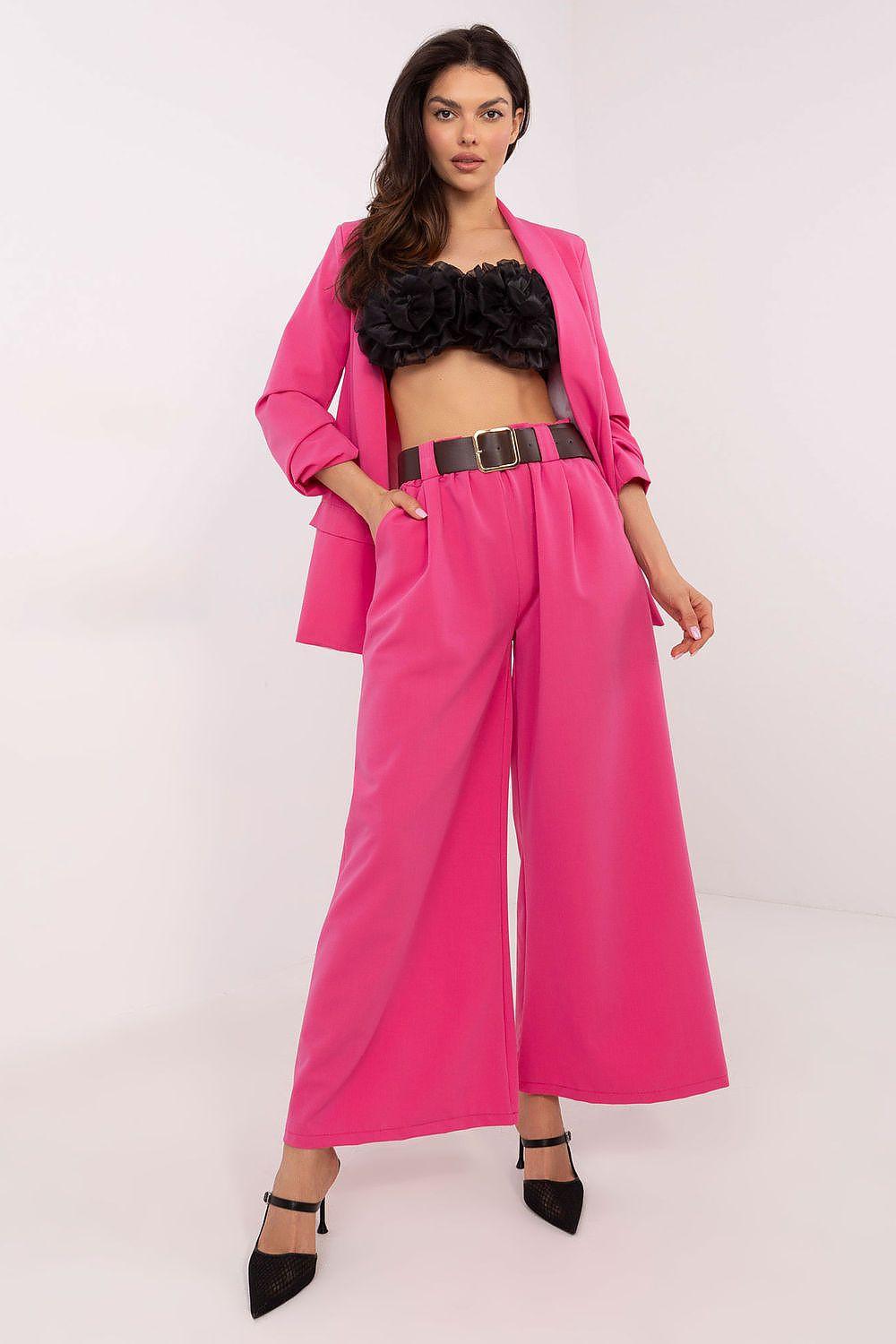 Women pink wide-leg trousers with black belt, ankle length