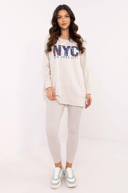 Heather beige loungewear set: long-sleeve sweatshirt and slim leggings