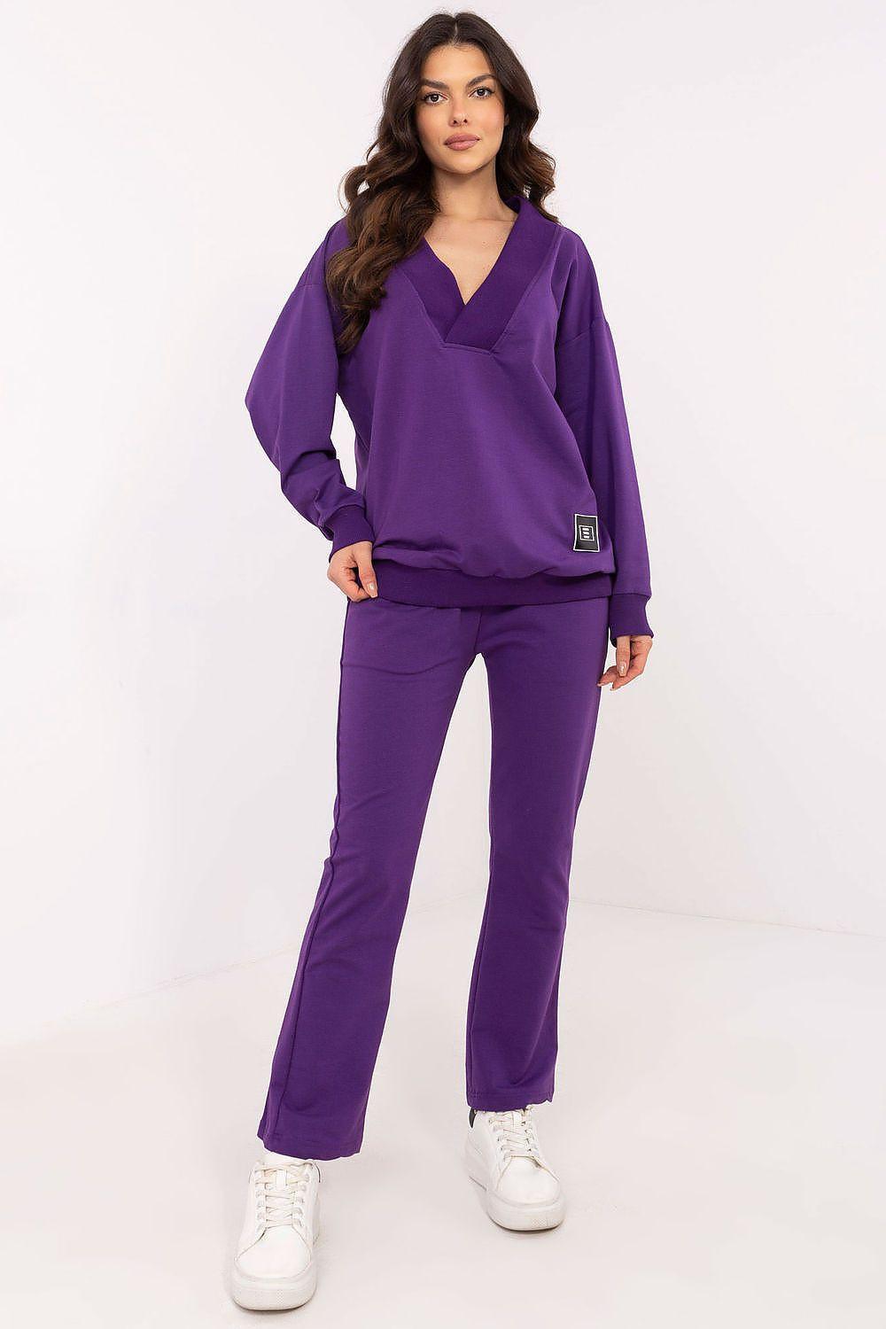 Women’s violet two-piece set with long-sleeve top and matching straight-leg pants
