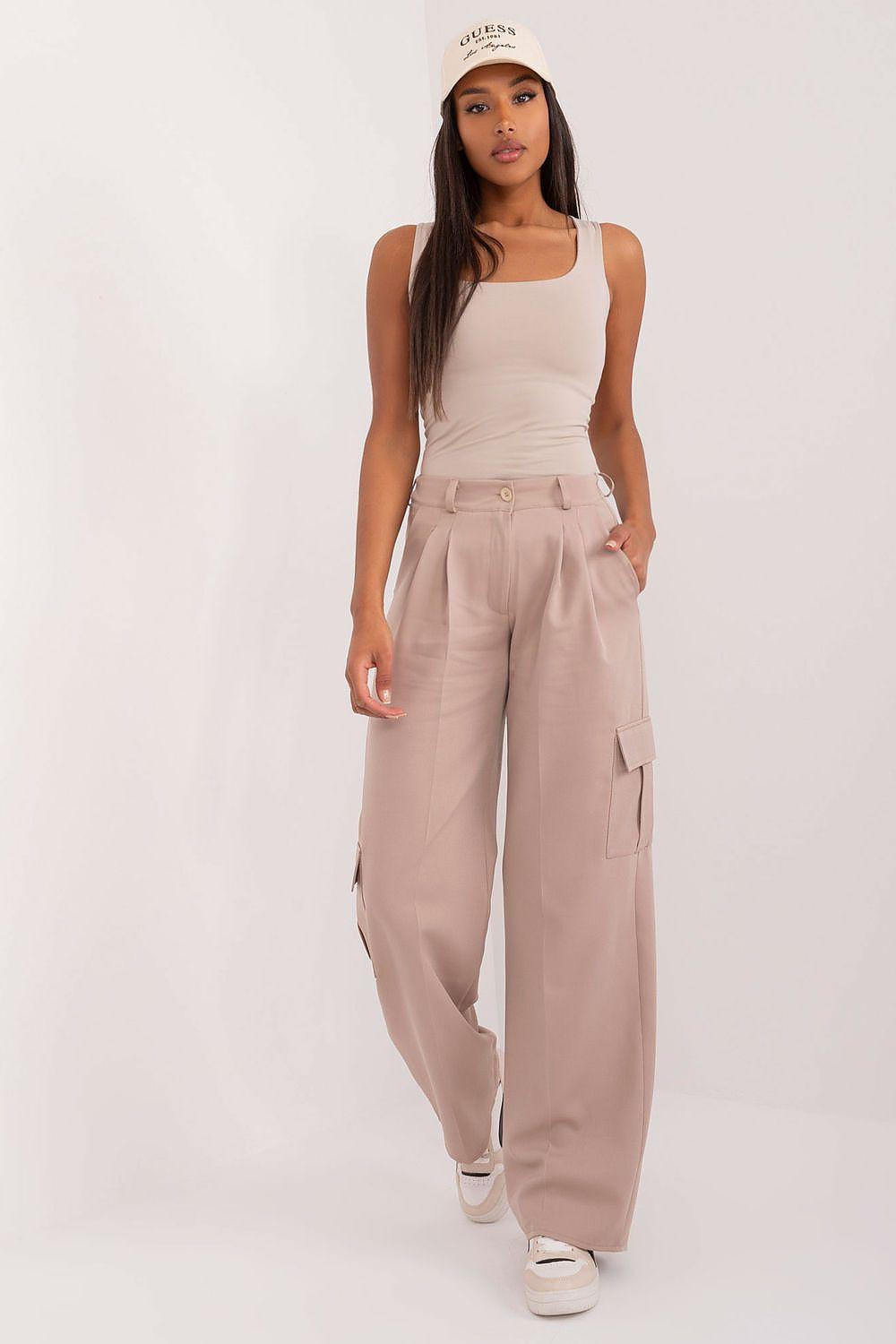 Women’s beige wide-leg trousers with tie waist and cargo side pockets