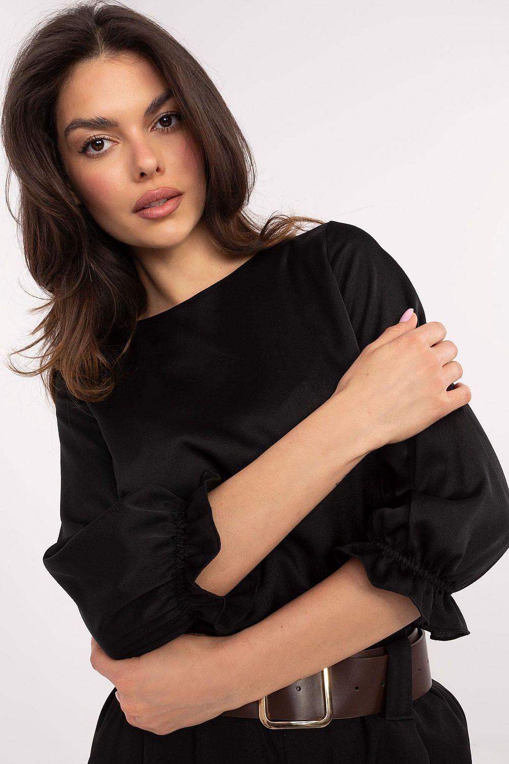 Black ruffled 3/4-sleeve blouse with gathered cuffs