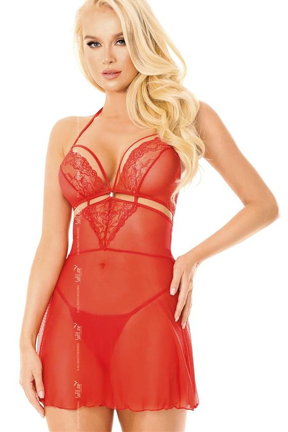 Red sheer lace mesh lingerie set with babydoll chemise and matching panty