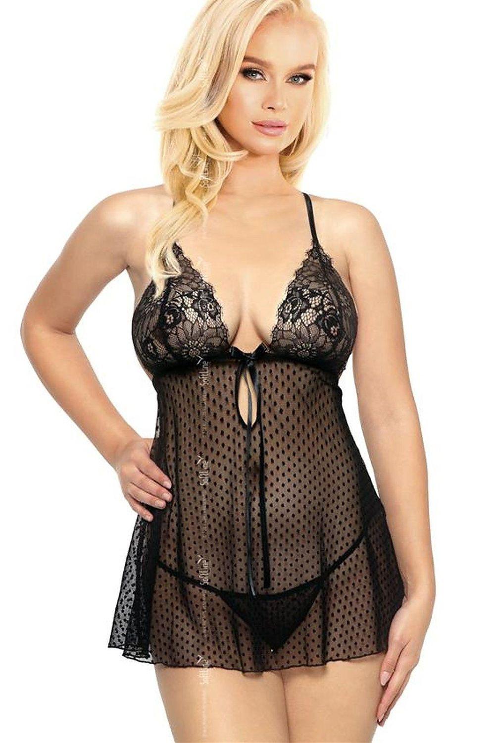 Black lace babydoll lingerie set with sheer mesh skirt and matching panties