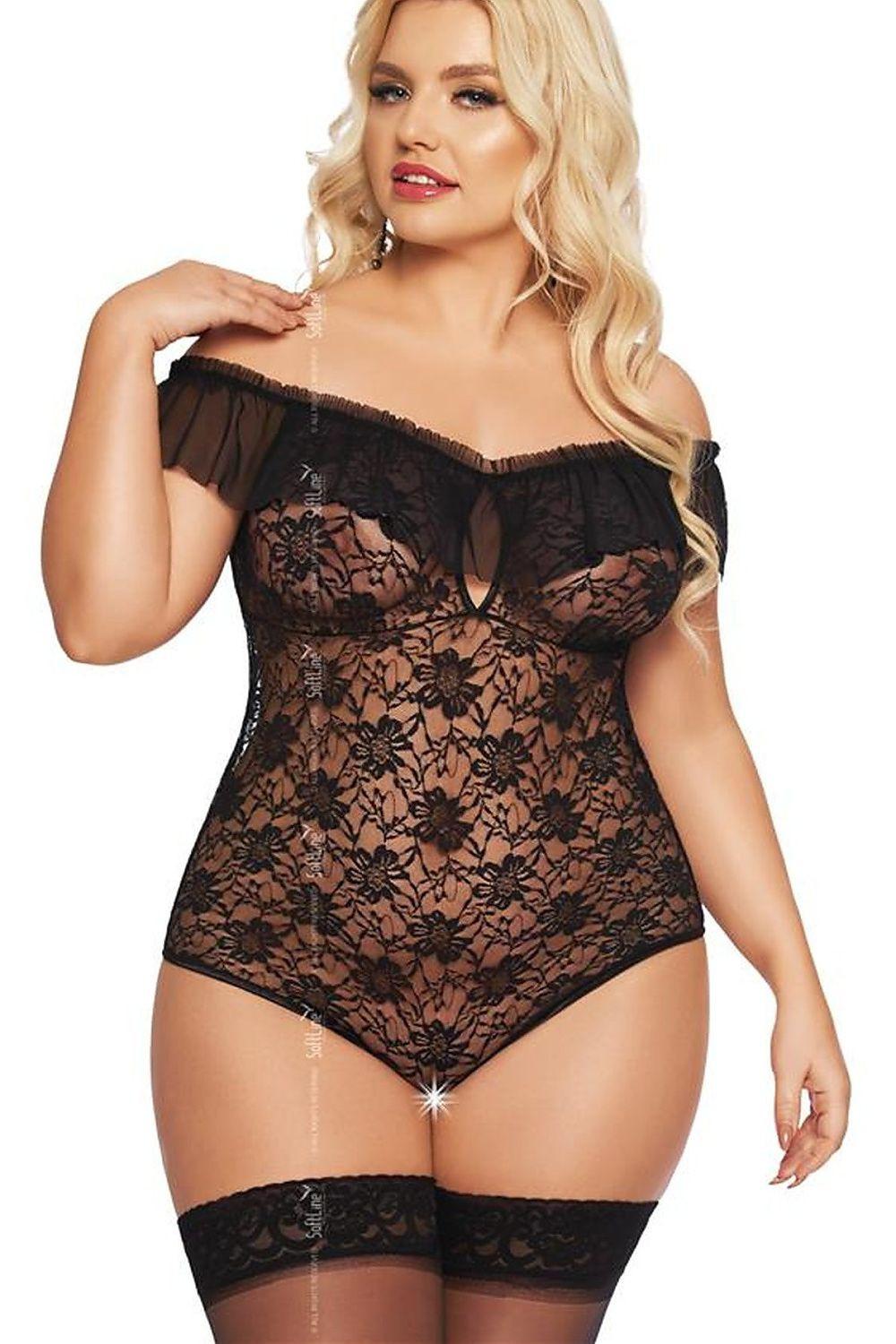 Black lace shapewear body with off-shoulder neckline, floral pattern, mesh panels