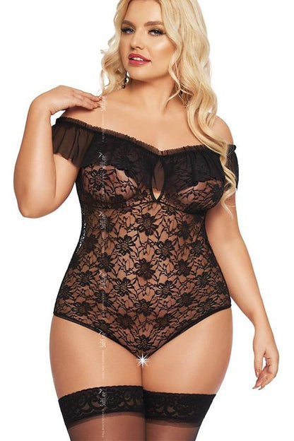 Black lace shapewear body with off-shoulder neckline, floral pattern, mesh panels