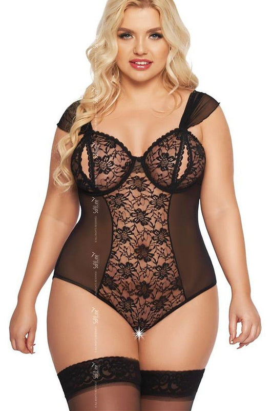 Black lace shapewear body with underwire cups and low neckline