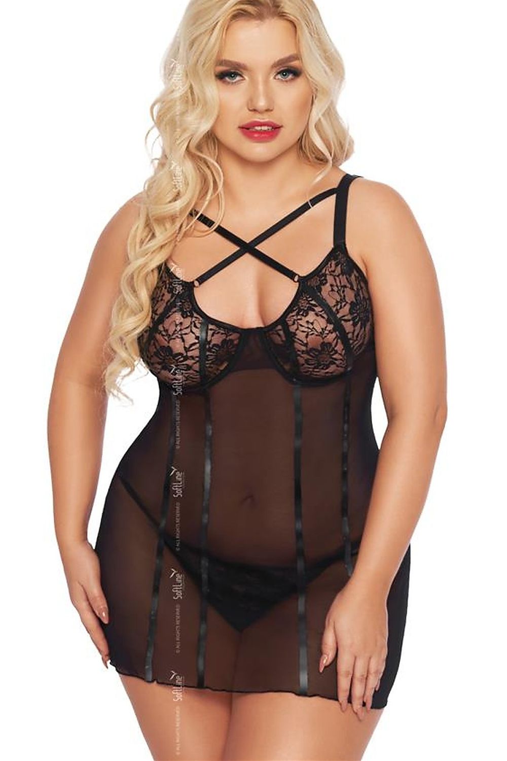 Black lace babydoll lingerie set with sheer mesh and crisscross straps
