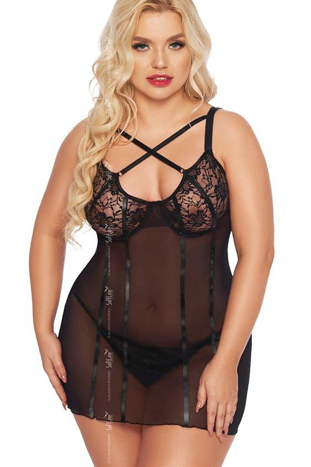 Black lace lingerie chemise with crisscross straps and sheer mesh cups
