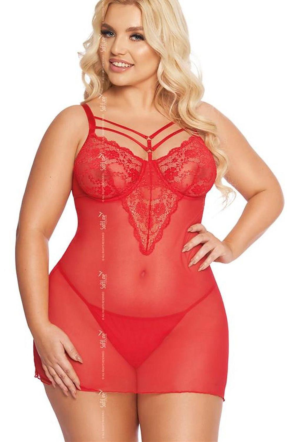 Red sheer lace lingerie chemise with V-neck lace trim and underwire cups