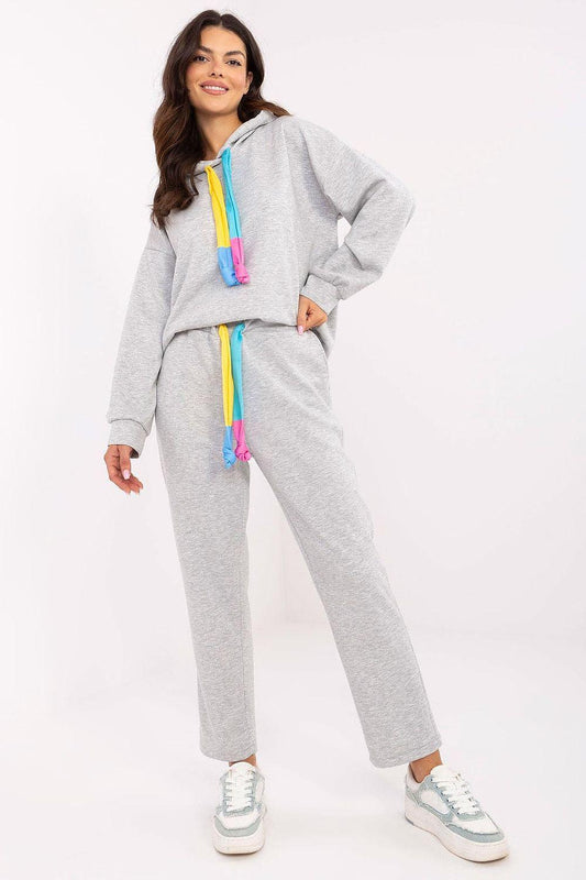 Grey hoodie and jogger pants set with colorful drawstring detail