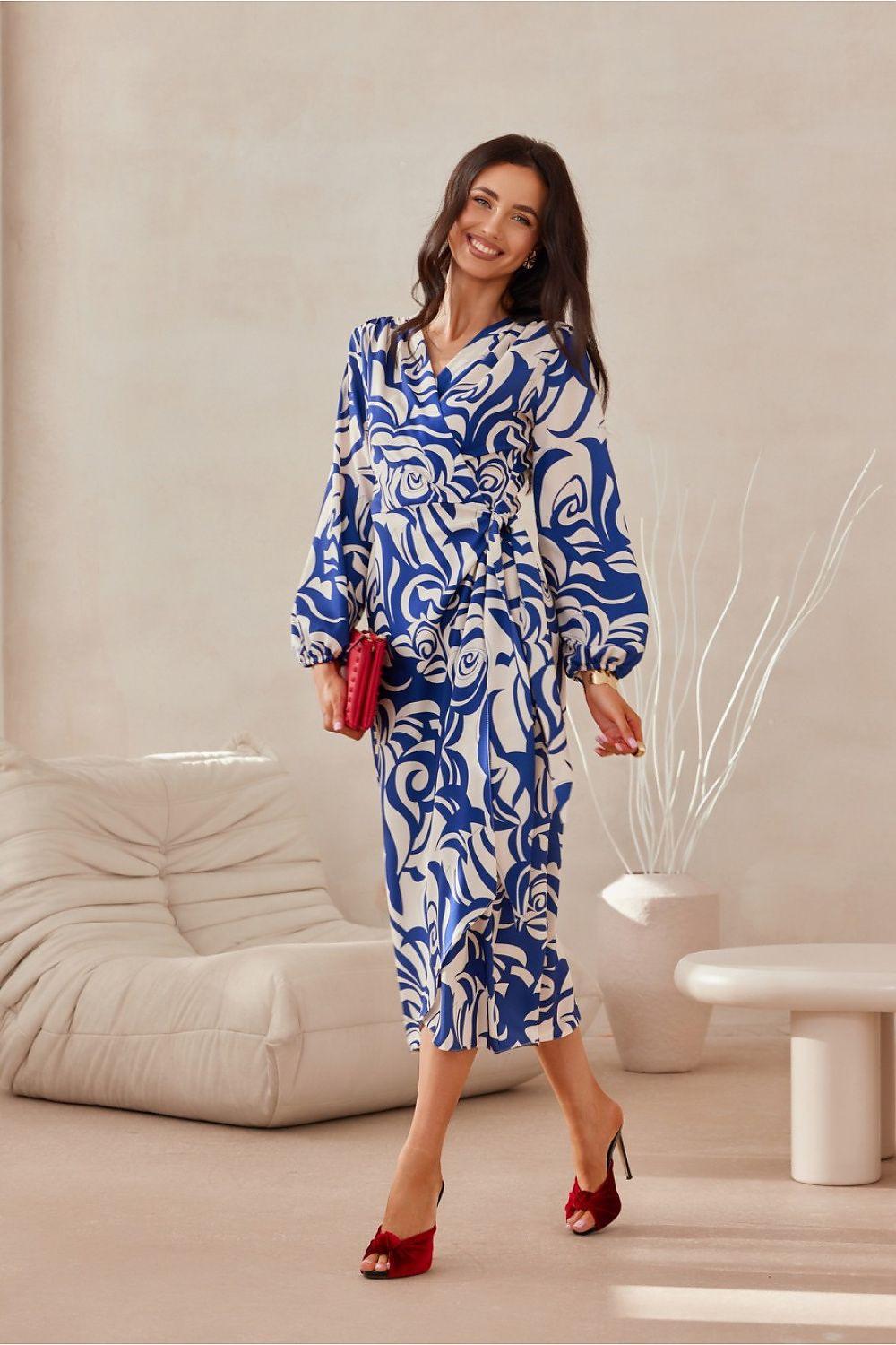 Wrap midi daydress with long sleeves and blue swirl pattern with V-neck wrap detail
