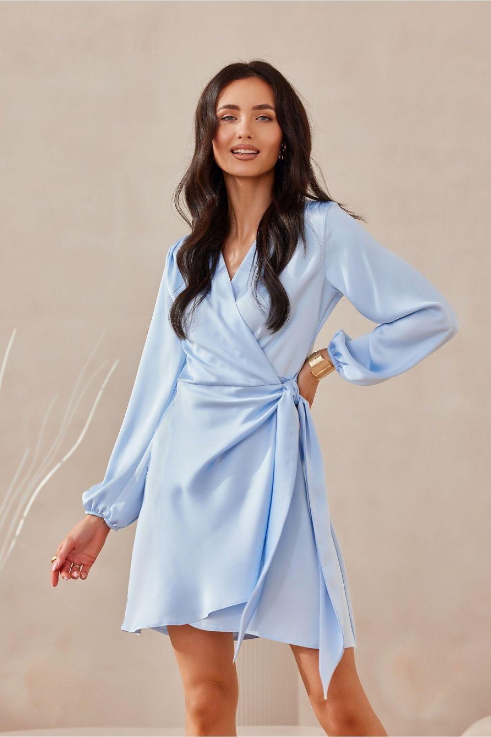 Light blue satin cocktail dress with V-neck and tied waist, long puff sleeves.